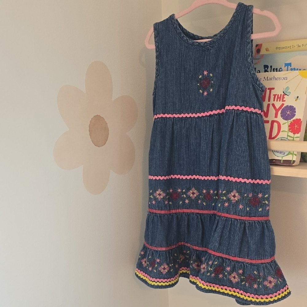 Vintage Embroidered Denim Girls Dress with Pink Floral Accents Size 2